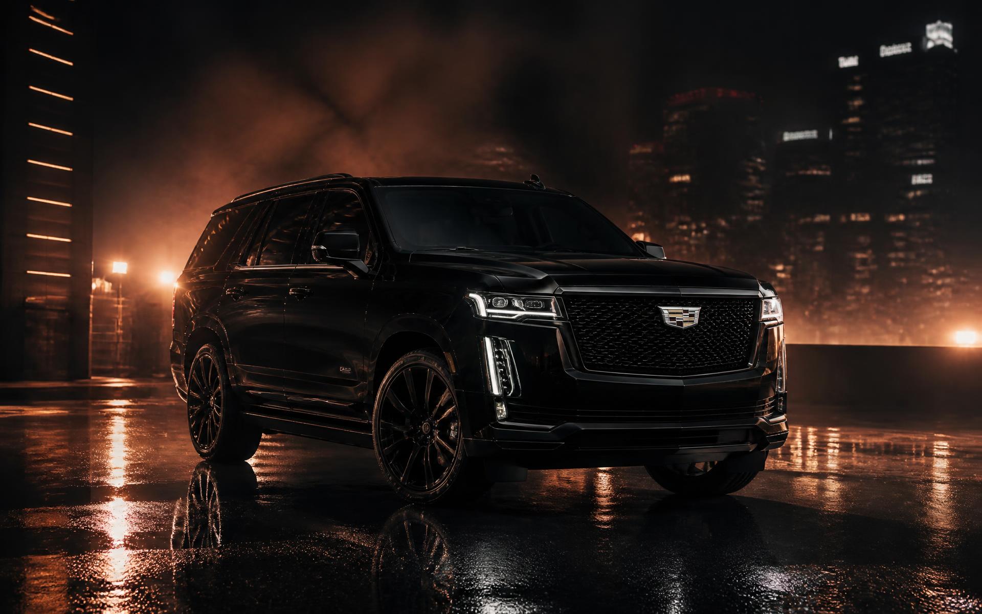 Black luxury SUV on a wet city street at night